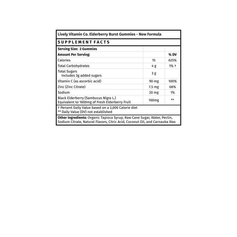 Lively Vitamin Co. Elderberry Burst Gummies - Raspberry - Vitamin C - Zinc - Immune Function - Kid Safe - Antioxidant - Sick - Cold - Illness - Dairy Gluten Soy Gelatin Free - Vegetarian Gummies