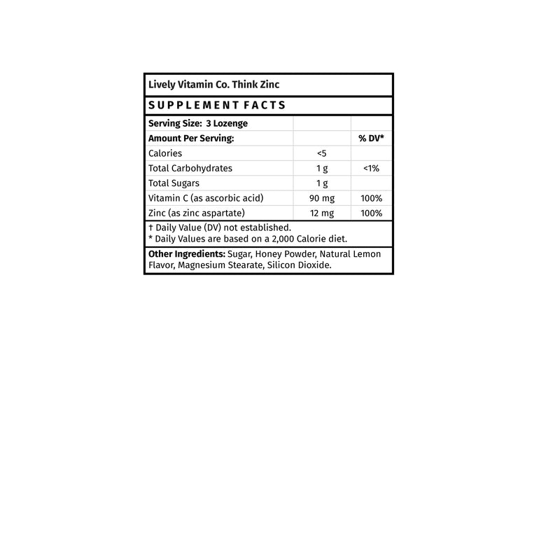 Lively Vitamin Co. Think Zinc - Vitamin C - Lemon - Honey - Immune Function - Health - Chelated Mineral - Highly Bioavailable - Cold - Cough - Sick - Illness - Antioxidant - 60 Lozenges