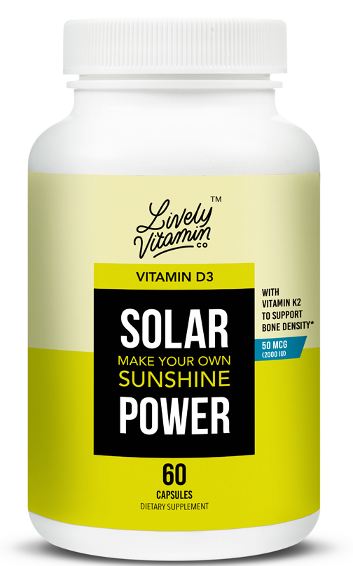 Lively Vitamin Co. Solar Power Vitamin D3 2000 IU - Patented Vitamin K - MK7 - Immune Balance - Brain Function - Mood - Heart - Stress - Vegetarian Capsules