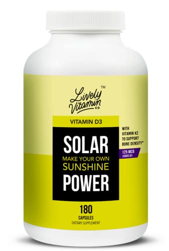 Lively Vitamin Co. Solar Power Vitamin D3 5000 IU - Patented Vitamin K - MK7 - Immune Balance - Brain Function - Mood - Heart - Stress - Vegetarian Capsules