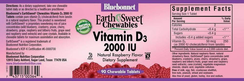 Bluebonnet Earth Sweet Vitamin D3 2000 IU Raspberry -- 90 Chewable Tablets