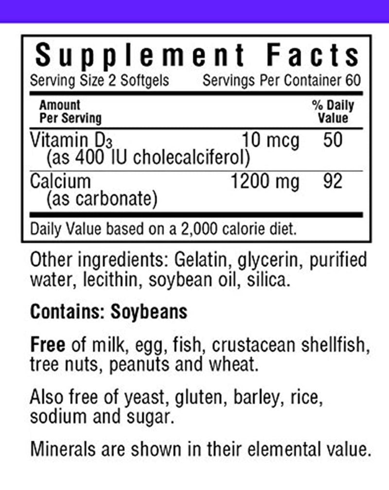 Bluebonnet Milk-Free Calcium 1,200 mg Plus Vitamin D3 400 IU -- 120 Softgels