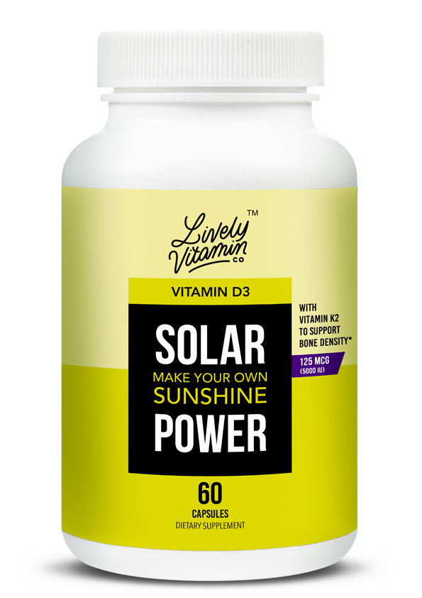 Lively Vitamin Co. Solar Power Vitamin D3 5000 IU - Patented Vitamin K - MK7 - Immune Balance - Brain Function - Mood - Heart - Stress - Vegetarian Capsules