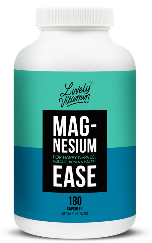 Lively Vitamin Co. Magnesium Ease - Chelated - Highly Bioavailable - Tension - Stress - Nerves - Immune Function - RLS - Headache - Migraine - Gluten Dairy Soy Free - Non-GMO - 180 Vegan Capsules