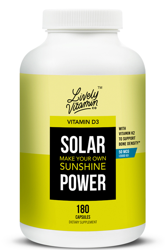 Lively Vitamin Co. Solar Power Vitamin D3 2000 IU - Patented Vitamin K - MK7 - Immune Balance - Brain Function - Mood - Heart - Stress - Vegetarian Capsules