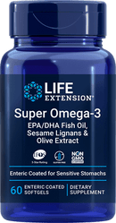 Life Extension Super Omega-3 EPA-DHA w-Sesame Ligans & Olive Extract Exteric Coated -- 60 Softgels