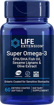 Life Extension Super Omega-3 EPA-DHA w-Sesame Ligans & Olive Extract Exteric Coated -- 60 Softgels