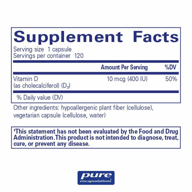 Pure Encapsulations Vitamin D3 10 mcg (400 IU) -- 120 Capsules