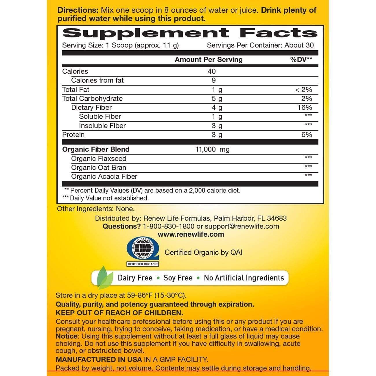 Renew Life Organic Triple Fiber Balanced Formula - 9.5 oz Powder